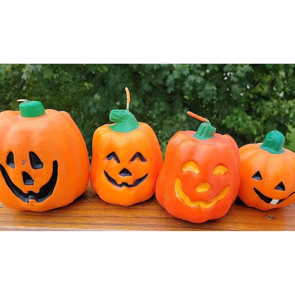 Lot of 4 Vintage Jack o Lantern Halloween Candle Pumpkin Goofy  Kitschy FLAW